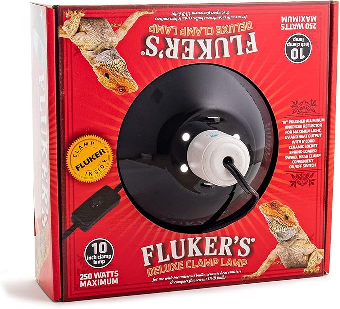Fluker's Repta-Clamp Lamp, Heavy Duty Clamp Light For Reptile Tanks and Terrariums, UL/CUL Approved, Great for Reptile Basking, 250-Watt Maximum with On/Off Switch, 10"