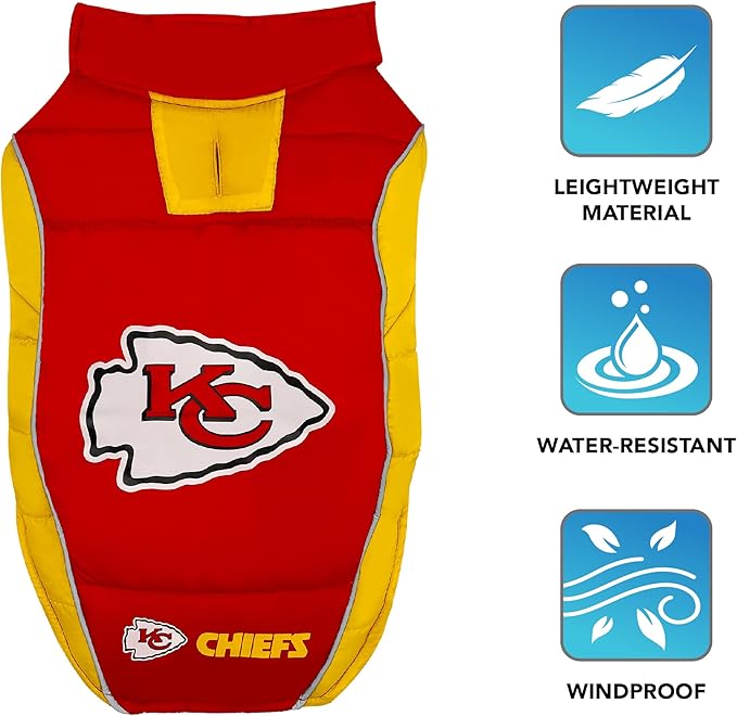 Pets First Kansas City Chiefs Puffer Vest, Small, Waterproof Dog Coat, NFL Licensed Pet Warming Sports Jacket