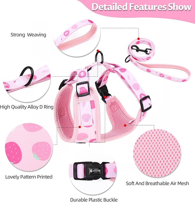 Dog Harness and Leash Set, Adjustable Dog Harness, Dog Leash, No Pull No Choke Puppy Harnesses for Walking Training for Small Medium Pet (Strawberries, L(Chest 18.5-27.1", Neck 14.5-20.1"))