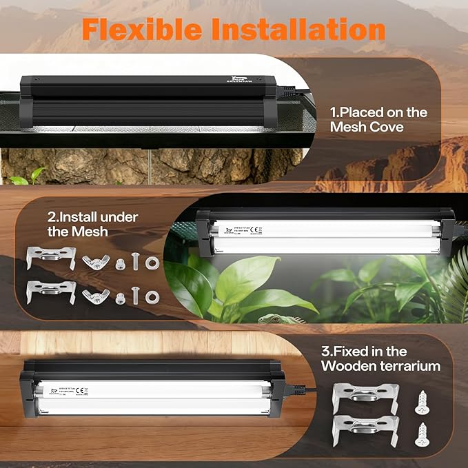 T5 UVB Reptile Light Fixture Combo Kit 8W: 10.0 HO UVB Light for Reptiles Terrarium Hood Comes with UVB Lamp, 12'' Linear UVB Light Bar for Desert Bearded Dragon,Turtle,Gecko - UV Sensor Test Card