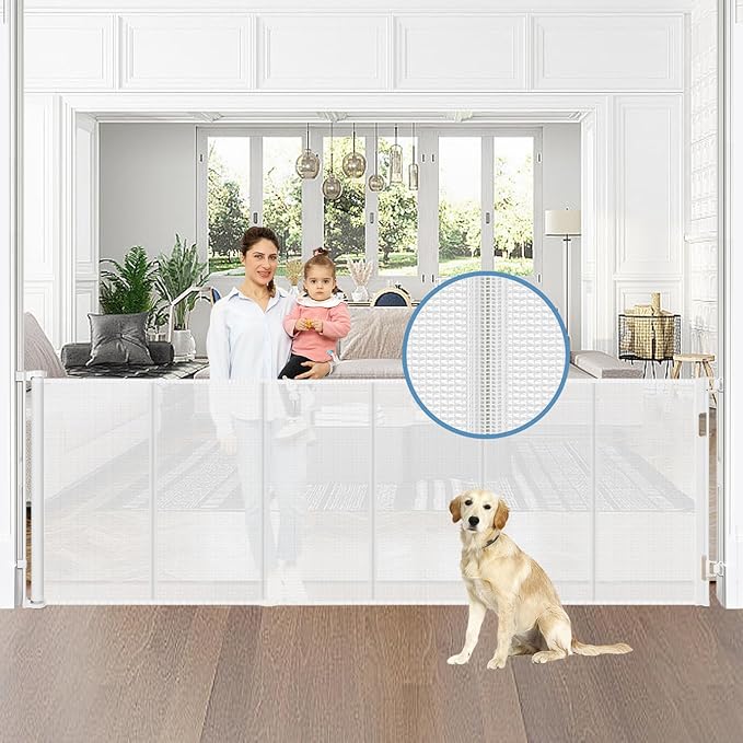 Reinforced 75” Wide Retractable Baby Gate with Support Rods, Upgrade Extra Long Retractable Dog Gates for Doorways Extra Wide Mesh Baby Gate Retractable Pet Gate for Stairs Child Safety Gate(White)