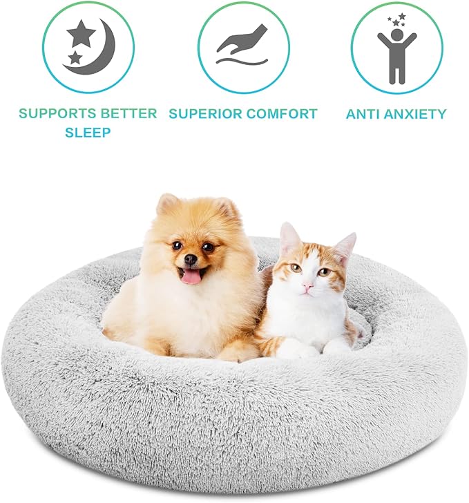 SAVFOX 45 inches Calming Donut Dog Bed - 3X Durable Plush Faux Fur, Machine Washable & Non-Slip, Fits up to 150 lbs, Light Grey