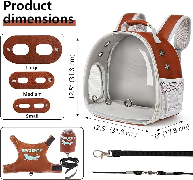 Bearded Dragon Carrier Backpack with Two Security Printing Harness with Leash Sets, Reptile Lizard Travel Bag to Carry and Transport Small Animal Kitten Bunny Guinea Pig to Vet(Brown, PU Leather)