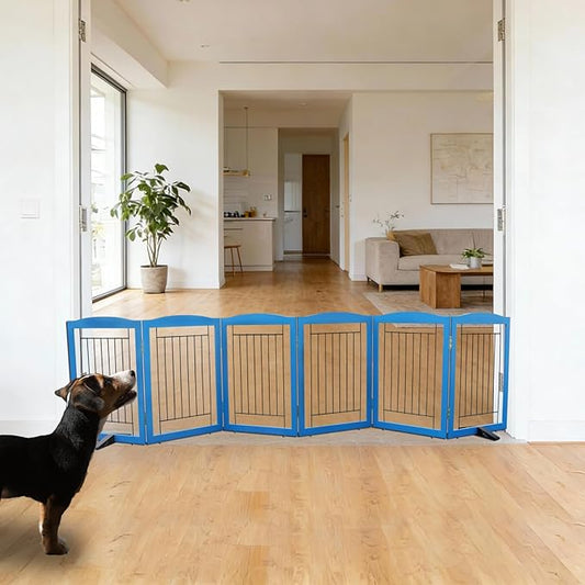 ZJSF Freestanding Dog Fence Indoor, Foldable Dog Gate for Doorways, Stairs or Hallways, Sturdy Wood Extra Wide Pet Gate with Support Feet for The House, Blue, 24 "Height-6 Panels