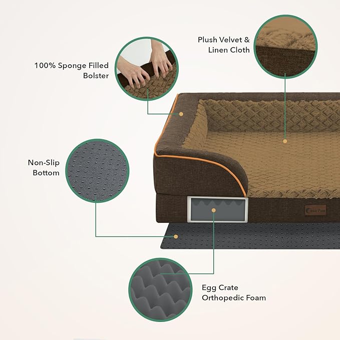 Orthopedic Dog Beds for Large Sized Dogs, Waterproof Memory Foam Large Pet Bed with Sides 35x22Inch, Non-Slip and Egg-Crate Foam Big Dog Couch Bed with Removable Washable Cover, Brown