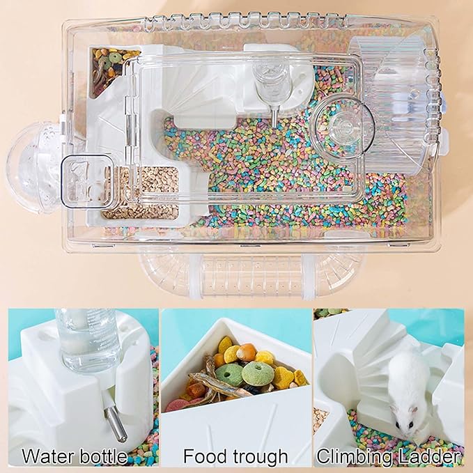 Tfwadmx Dwarf Hamster Cage,Acrylic Rat Cage,Hamster Home Small Animal Cages with Tube Exercise Wheel Mouse Habitat for Gerbils Mice 17.7”x11”x11.8”