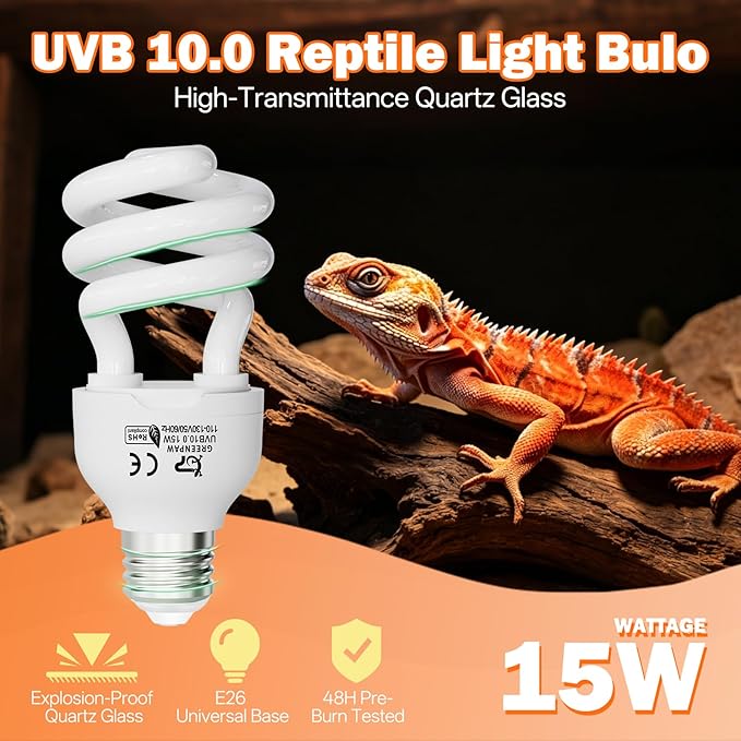 UVB Light for Reptiles 10.0: Bearded Dragon UVB Light for Desert Habitats,15W UVA UVB Reptile Light Bulb for Lizards Tortoises,Terrarium Compact Fluorescent Lamp-UVB Bulbs with Free UV Sensor Card