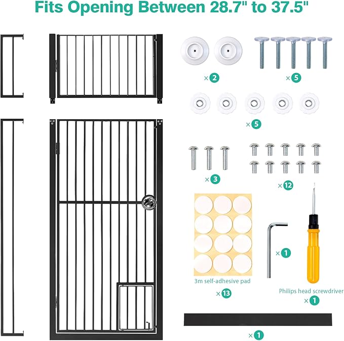 71" Extra Tall Pet Gate with Cat Door, Fits for 28.7"&37.5" Extra Wide Pressure Mounted Pet Barrier Auto-Close Safety Cat Gate with Walk Through Door Latch,Black, No Drill