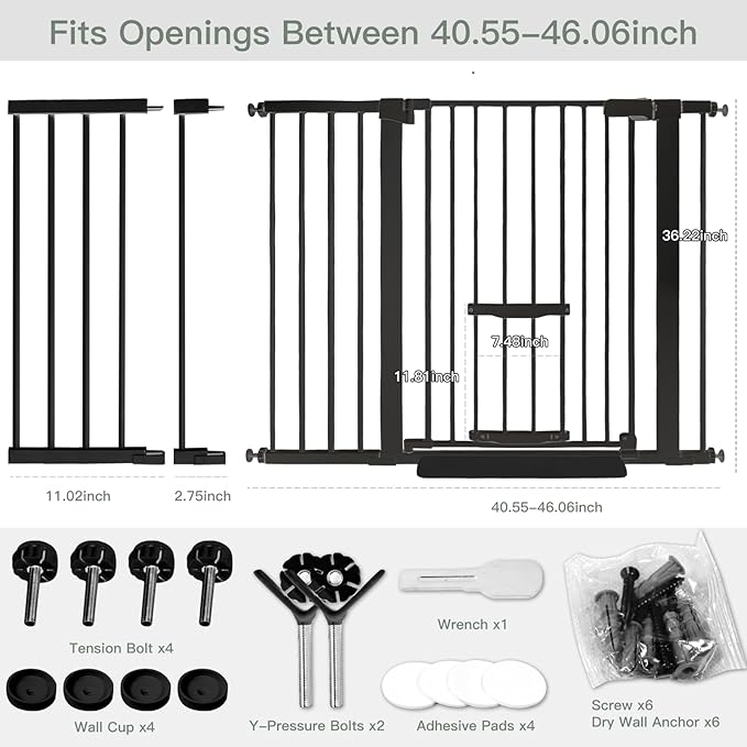 SHYUJAJIE 37 Inch Tall Baby Gate with Cat Door, Adjustable 29.55" and -46.06",Auto Close Pet Gate Easy Walk Thru Pet Door for Stairs, Doorway, House, Pressure Mounted Safety Child Gates