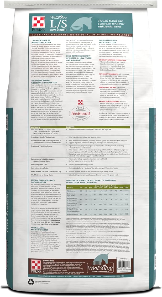 Purina Wellsolve Low Starch Horse Feed, Low Starch and Low Sugar Diet, Pellets 50lb Bag