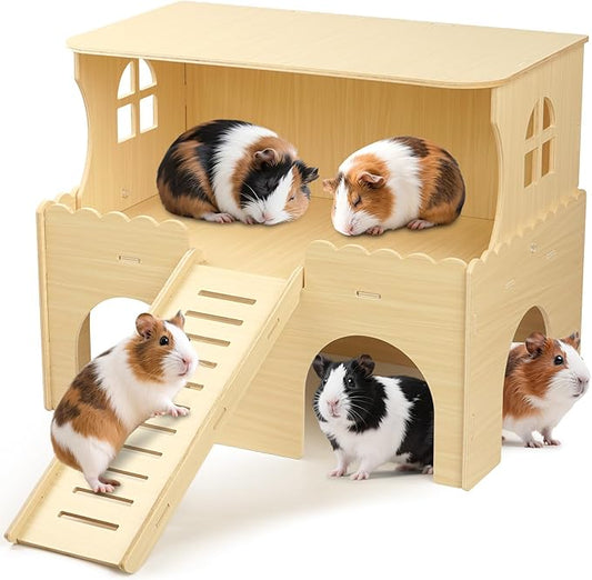 Large Two-Level Guinea Pig Hideout, Wooden Guinea Pig Castle with House, Platform and Stairs, Detachable Guinea Pigs House, Easy Assembly Accessories for Chinchillas, Hamsters, Rabbits and Guinea Pigs