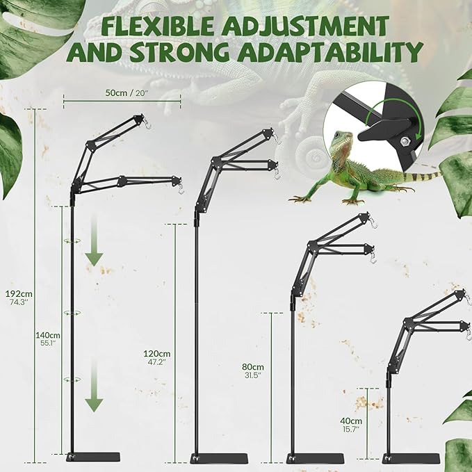 GlowUp 15.7-74.3 inch Dual Reptile Heat Lamp Stand Reptile Light Stand with Two Flexible Brackets, Adjustable Heat Lamp Stand for Terrarium, Snake, Gecko, Lizard, Chicks, Fish Tank