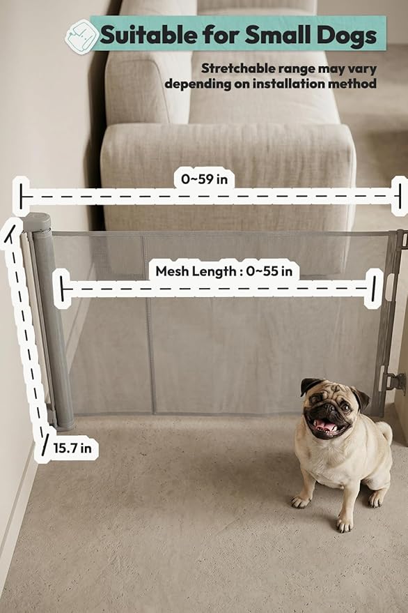 15.7" H Mesh Short Dog Gate, Extends Up to 59" W Retractable Pet Gate with Drill Installation, Small Dog Gate for Stairs, Easy Step Over Low Puppy Gate for Doorways Indoor Outdoor, Grey