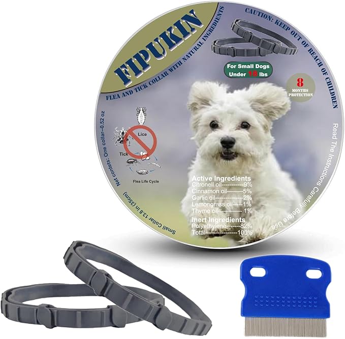 Flea and Tick Collar for Small Dogs, 2‑Pack | 8‑Month Waterproof Protection with Natural Essential Oils | Includes Comb