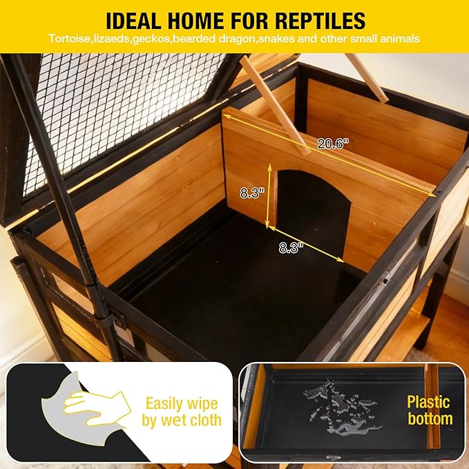 Aivituvin Tortoise Habitat Turtle Enclosure, Wooden Tortoise House Reptile Cage for Small Animals, Reptile Tank with Large Storage Shelf