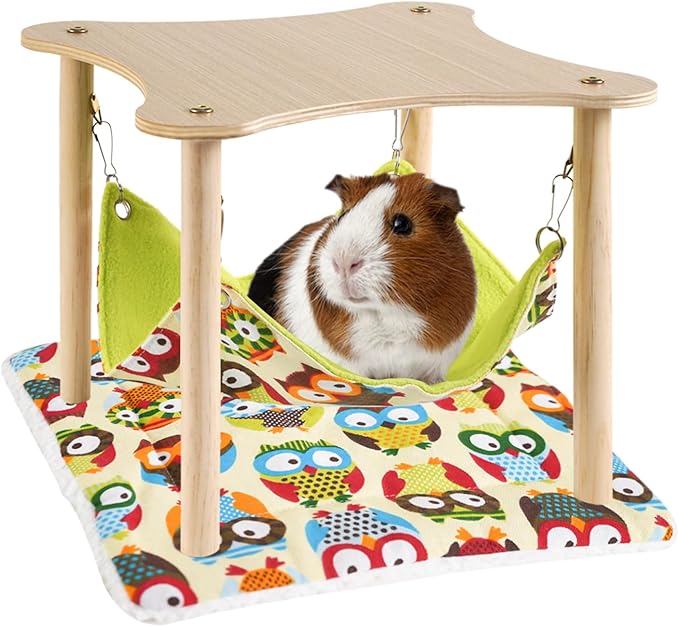 Guinea Pig Hammock with Soft Mat, Wooden Guinea Pig Hideout Toys with Double-Sided Hanging Hammock Bed for Hamster Chinchilla Rat Bunny Ferrets Sleeping Hiding