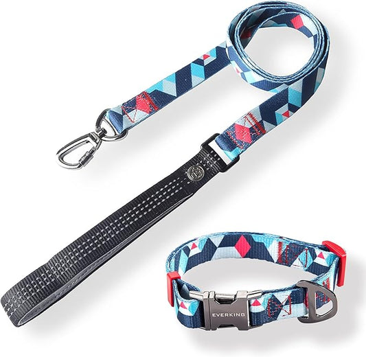 Everking Dog Leash and Collar Set with Metal Buckle, Suitable for Small Dogs Weighing 3-10kg,Memphis Geometric Pattern Design Style, Flexible Webbing, Nylon Handle, Adjustable (Iris, S)