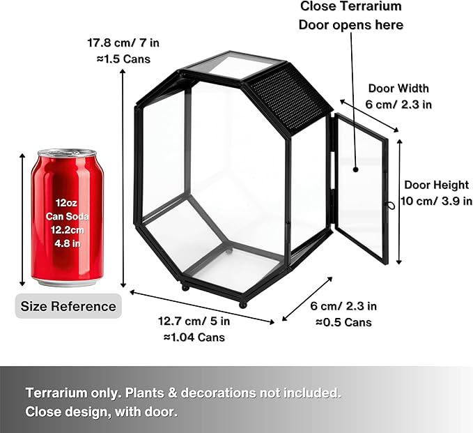 NCYP Mini Vented Glass Terrarium with Vent and Door for Jumping Spiders - Octagon Small Spider Enclosure, Black, Tabletop Decor, 5 x 2.3 x 7 Inches (Terrarium Only)
