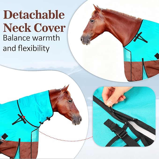 72" Waterproof Breathable Horse Blanket (No Fill), 600D Oxford Cloth Winter Turnout Rain Sheet with Removable Neck Cover, Windproof Tail Flap and Belly Wrap, Suitable for Stables, Pastures, Paddock