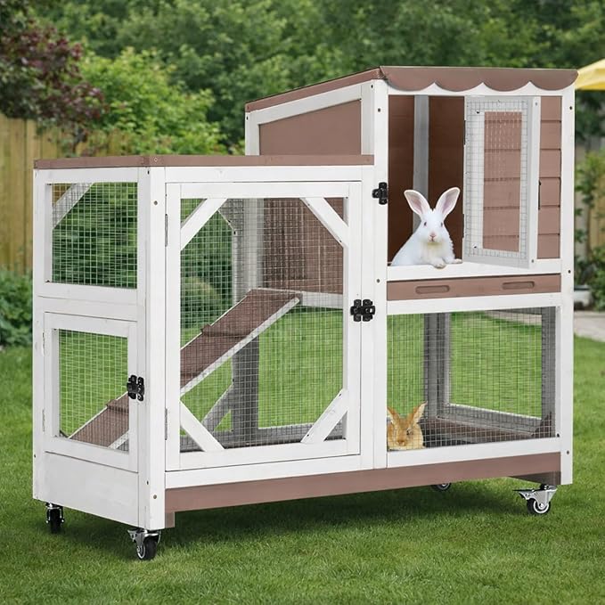 Large Rabbit Hutch Indoor Outdoor, 2-Tier Bunny Hutch with Wheels and Waterproof Roof, Wooden Guinea Pig Cage with Leak-Proof Pull-Out Trays, Multi-Door Bunny Cage for Small Animals