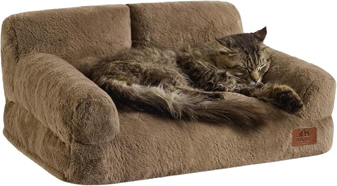 Hollypet Fluffy Dog Cat Bed Pet Couch Beds Plush Soft Warming Washable Puppy Bed for Small Medium Dogs and Large Cats, Dark Brown, 24" L x 18" W x 10" Th