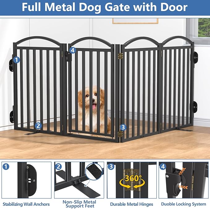 Malier Metal Freestanding Dog Gates with Door, 32'' Height Outdoor Indoor Dog Fences, Extra Wide Foldable Puppy Gate for Stairs (Black, 【4 Panels with Door】 80''W × 32''H)
