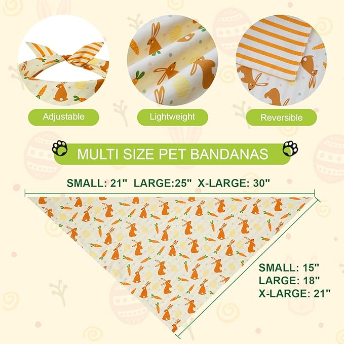 Easter Dog Bandanas XLarge 2PCS, Triangle Reversible Bunny Scarf for Boy and Girl, Adjustable Puppy Bibs for Large and Extra Large Pets Cats