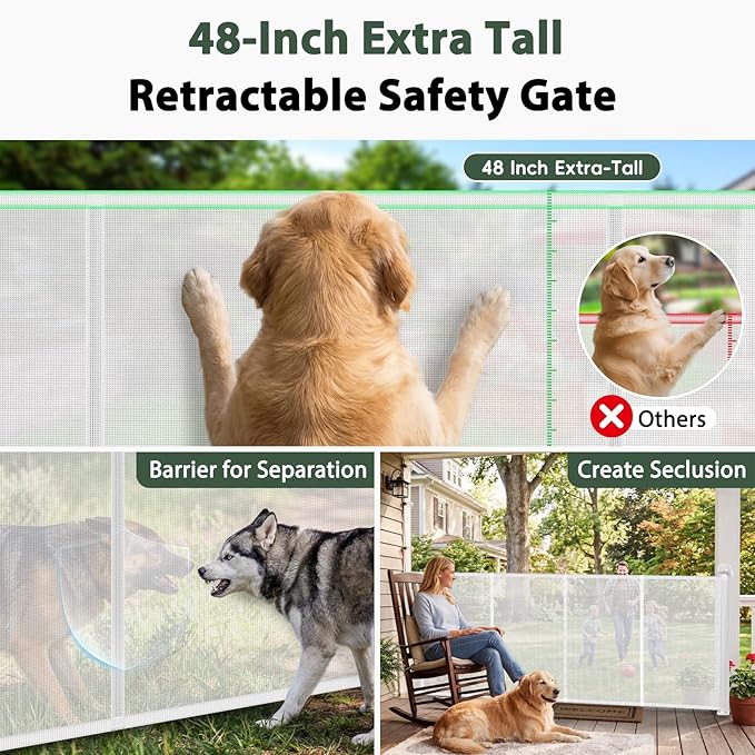 275" Extra Wide Retractable Baby Gates, 22ft Extra Wide Baby Gate Retractable Gate Outdoor, 48" Extra Tall Pet Gate Retractable Dog Gate Extra Wide Dog Gate, Reinforced Garage Gates for Dogs, White
