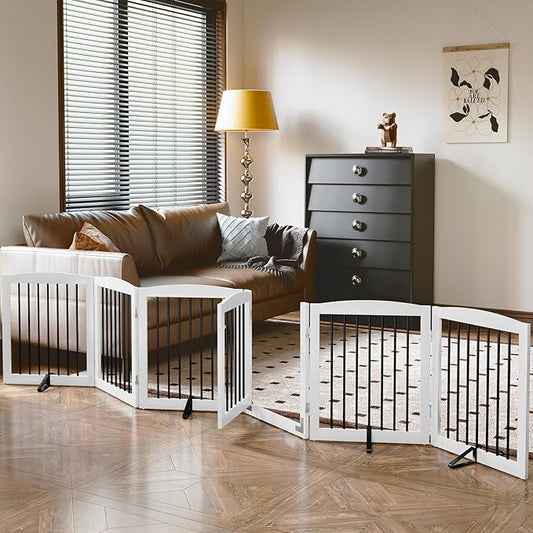 PUPETPO Freestanding Pet Gates with Walk Through Door, Dog Indoor Fence, Dog Gate for The House, Stairs, Extra Wide Pet Gate, Support Feet Included, 120 Inch Wide, 6 Panels 24" Tall, White & Black