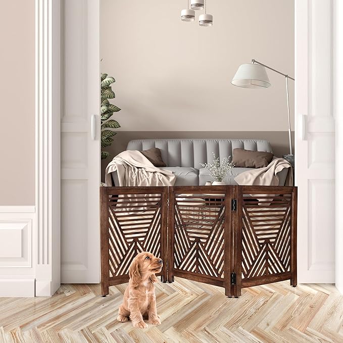 Lightnpro Geometric Wooden Dog Gate - Stylish Freestanding Foldable Indoor Pet Barrier, Extra-Wide Safety Gate for Dogs & Small Pets, Perfect for Stairs & Entryways - 24x54 Inch Natural Burnt Finish