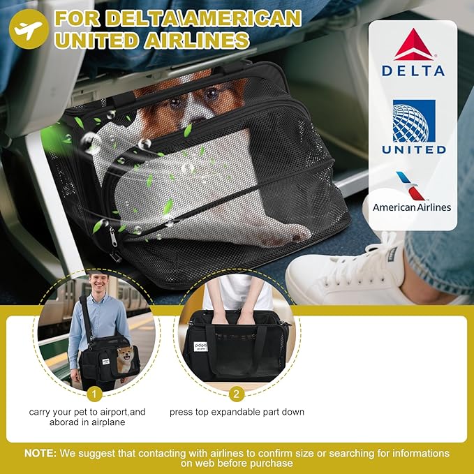 pidipiti top and 1 Side Expandable, 17x11x11 Soft-Sided pet Carrier, TSA and American/Delta/United Airline Approved,for Small Dog/Puppy/cat underseat in Airplane and Vet.