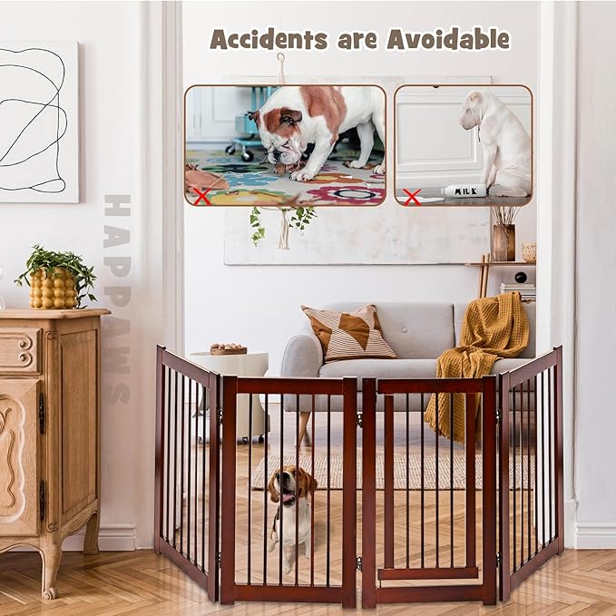 Tall Dog Gate with Door, 4-Panel 30 inch High Wooden Puppy Playpen, Freestanding Pet Door Gates, Folding Indoor Pet Enclosure, Extra Wide Room Divider for House, Stairs, Doorway