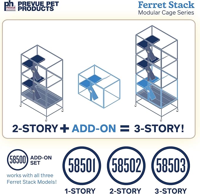 Prevue Pet Products Ferret Stack Two Story Ferret Home with Portable Stand, Escape Proof Lock, Hammock, Ramps, Expandable Add-On Cage Stacking System