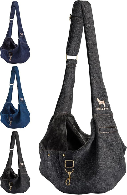 Noah & Paw Dog Sling Carrier for Small Dogs 3-10lb, Dog Sling for Small Dogs and Cats, Dog Carrier with Adjustable Padded Strap, Premium Denim, Lined with Fur, Double Safety Feature, Machine Washable