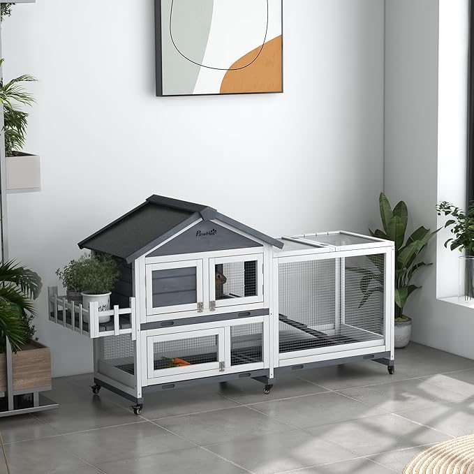 PawHut 65" Wooden Rabbit Hutch, Guinea Pig Hutch, Pet Playpen with Openable Roof, Bunny House Enclosure with Wheels, Storage Box, Slide-Out Tray, Ramp for Rabbits, Chickens, Ducks, Gray