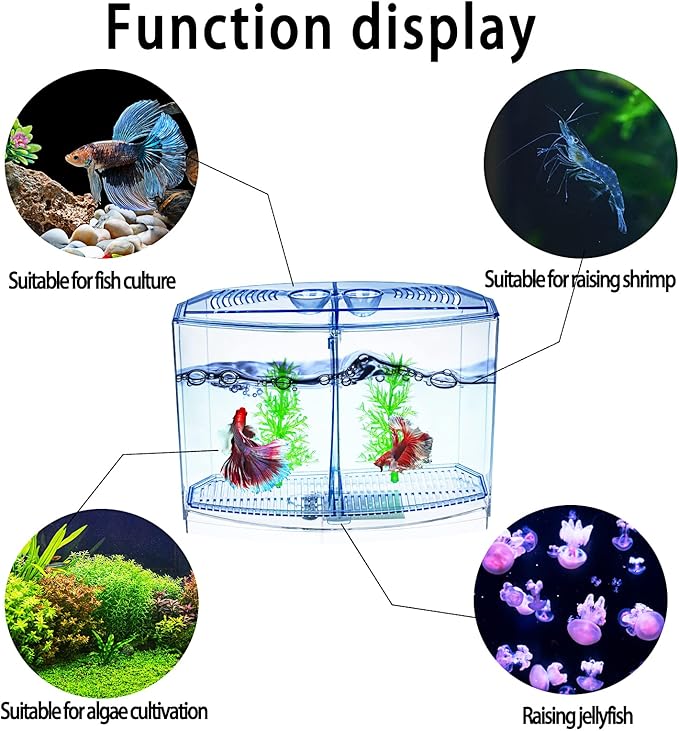Mini Fish Tank with Divider, Small Beta Fish Tank Shrimp Tank Small Aquarium, 2/5 Gallon Double-Compartment Temporary Tank - Acrylic Aquarium Habitat for Crab Moss Seaweed Ball