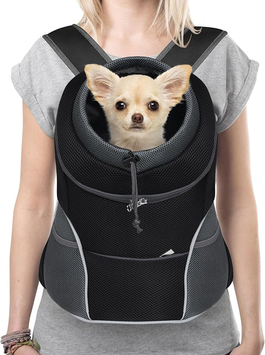 YUDODO 9-14lbs Dog Front Carrier Backpack, Adjustable Breathable Pet Carrier for Small Dogs Cats, Ventilated Puppy Back Pack with Safety Belt, Lightweight Doggy Backpack for Hiking Outdoor (Black, L)