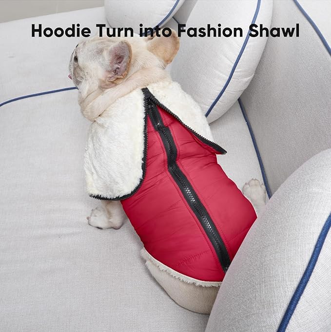 Vecomfy Fleece Lining Dog Hoodie with Harness Built in,Extra Warm Small Dog Jacket in Winter Puppy Coats with Hooded,Red M