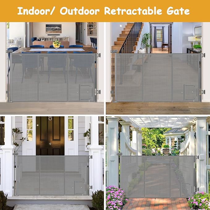 Reinforced 60” Wide Retractable Dog Gate with Cat Door Gates for Pets with Reinforced Strips 33” Tall Mesh Baby Gate Retractable Pet Gates for Dogs Indoor with Door Cats Can in and Out Freely, Gray