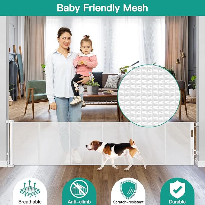 24 Inch Tall x 110 Inch Extra Wide Retractable Dog Gate for The House, Short Baby Gate to Step Over, Reinforced Mesh Puppy Gate for Doorways, Step Over Pet Gate for Stairs, Indoor/Outdoor, White