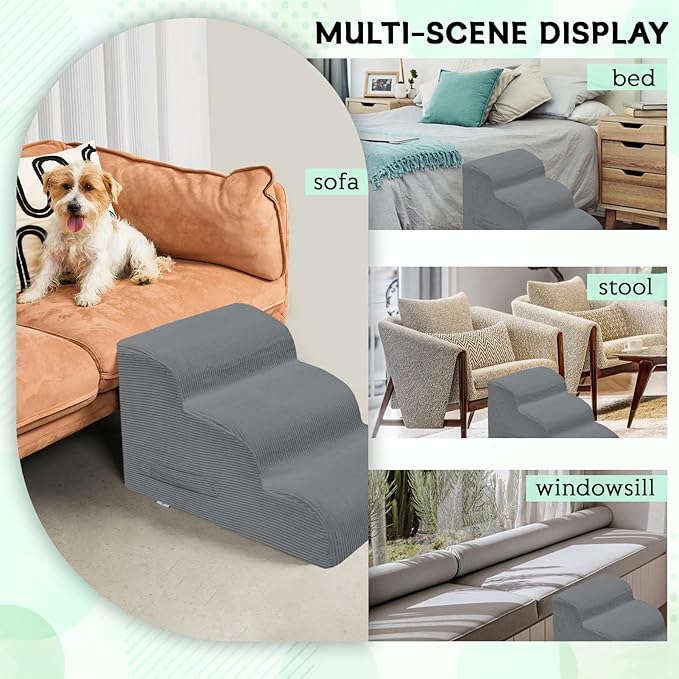 Mesa Lemon Dog Stairs & Steps for High Beds, 3 Steps High Density Foam Waterproof Dog Ramp for Small Dogs and Cats, Pet Stairs with Removable Washable Cover for Bed, Couch, Sofa and Car (H:16")