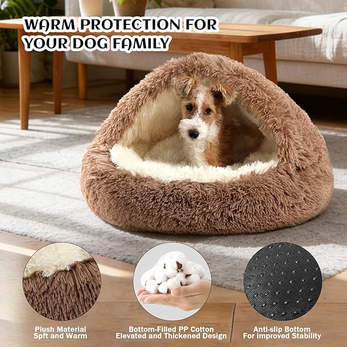 NOYAL Round Hooded Donut Dog Bed for Small & Medium Pets - Plush Fluffy Anti-Anxiety Cat Cave Bed with Cover