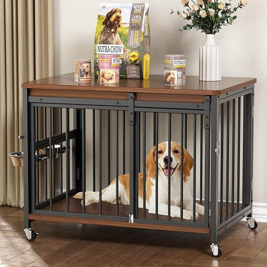 Cofiyard Dog Crate Furniture, 32’’ Wooden Dog Kennel Indoor with Sliding Front Door, Multi-Side Openings & Feeding Window Pet Cage House as TV Stand, End Table for Medium Dogs