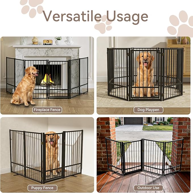 SNUOWU Full Metal Freestanding Dog Gate with Door, 32''Height Foldable Pet Dog Fence for Indoor & Outdoor, 6 Panels Extra Wide Free Standing TallDog Gates for Doorways,House,Stairs,Porch,Deck,Yard