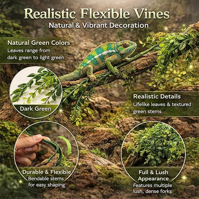 HERCOCCI 3 Pack Reptile Plants, Terrarium Hanging Plants Vines Artificial Leaves Habitat Decorations with Suction Cup for Bearded Dragon Hermit Crab Lizard Snake Geckos Chameleon
