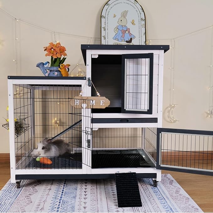 FunXplore Rabbit Hutch Indoor Bunny Cage Outdoor with Urine Guards 2 Storey Mobile Guinea Pig Cage Weatherproof Asphalt Roof Wire Bottom 2 Trays