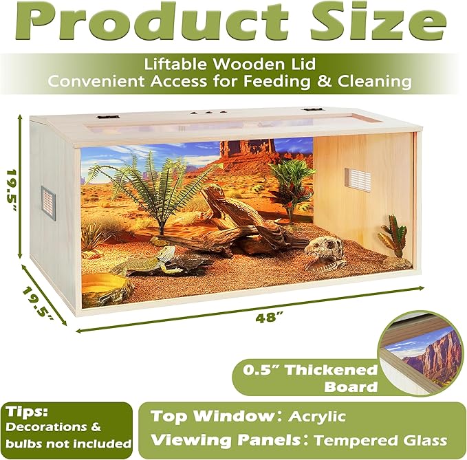PROLEE Bearded Dragon Tank, Up to 81Gallon Reptile Enclosure, Tempered Glass Lizard Tank, Bearded Dragon Enclosure with Built-in Lamp Fixture for Chameleon (Wooden Roof, 81Gallons,48x19.5x19.5 Inch)