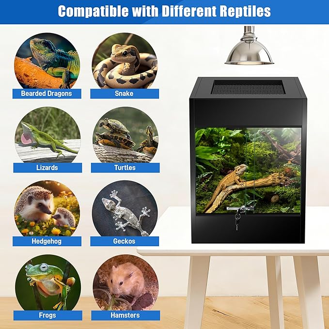 PVC Reptile Enclosure Terrarium 33 Gallon Reptile Tank, Front Opening Tall Bearded Dragon Tank 24"x18"x18" with Tempered Glass Sliding Doors, Lock & Top Screen Ventilation for Geckos Snake Lizard