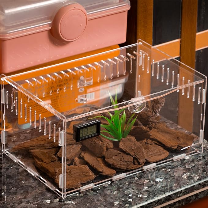 Pet Terrarium Set, Acrylic Reptile Tank with Heating Pad and Hygrometer, Clear Rectangular 12x8x6Inches, Waterproof Modern Design for Small Pets