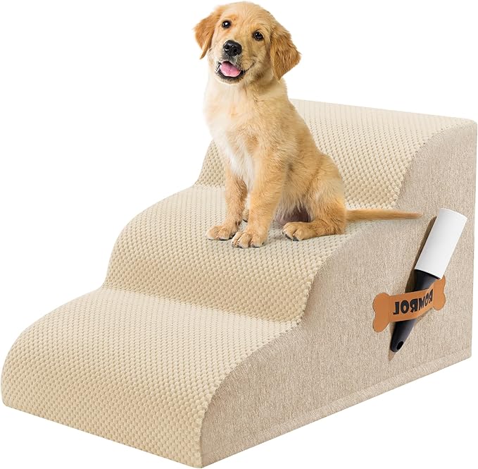 Romrol Dog Stairs Ramp for High Beds Couches, High Density Foam Pet Steps with Durable Non-Slip Waterproof Fabric Cover, Dog Stairs for Small Dogs or Cats or Pets, 3-Step,15 Inch,Beige